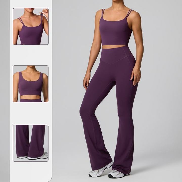 JY New Arrival Women Summer Yoga Set 2 Piece Spaghetti Strap Sports Bra High Waisted Flare Leggings for Gym Workout Activewear