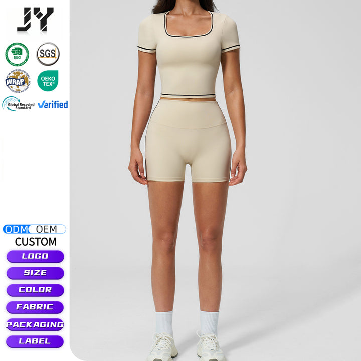 Joyyoung 2026 New Arrival Shorts Moisture-wicking Solid Sleeve Crop Top Running Shirt Workout Gym Yoga Custom Quick Dry