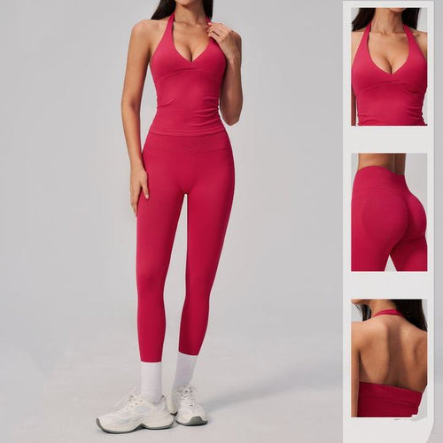 JY Custom Logo Women Seamless Sports Set Halter V Neck Tank Top Backless Peach Hip High Stretch Leggings for Yoga Fitness Outfit