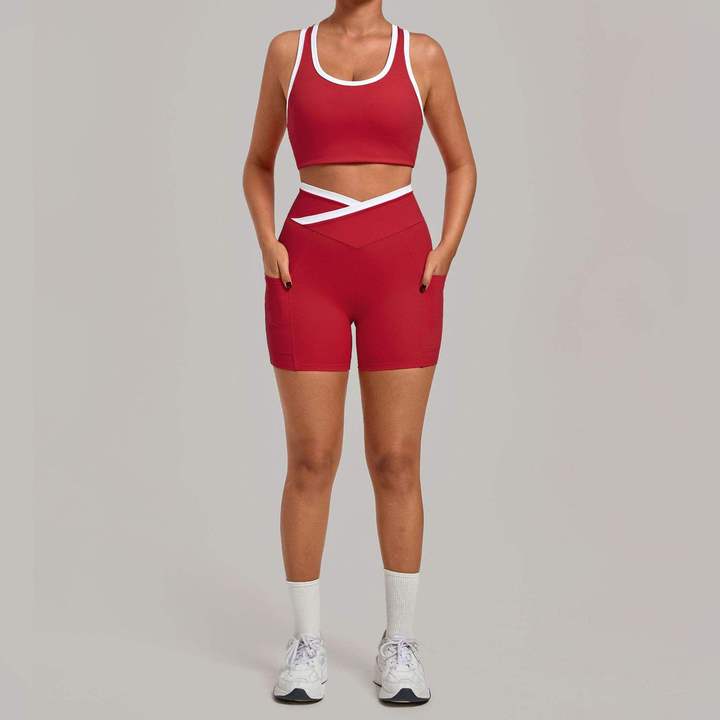 JY Custom Logo V-shape High Waist Gym Clothing Workout Yoga Suit Shorts Fitness Women Training Singlets Exercise Sportswear Set