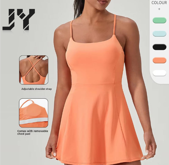 JY Brushed Breathable Athletic Dress Women U-Neck Crisscross Back Design Removable Padding Workout Tennis Dress No Inner Shorts