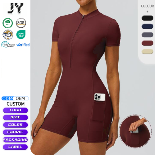 JY 2026 New Summer Yoga Jumpsuit for Women Half Zip Short Sleeve One Piece Workout Romper Side Pocket Stretchy Athletic Bodysuit