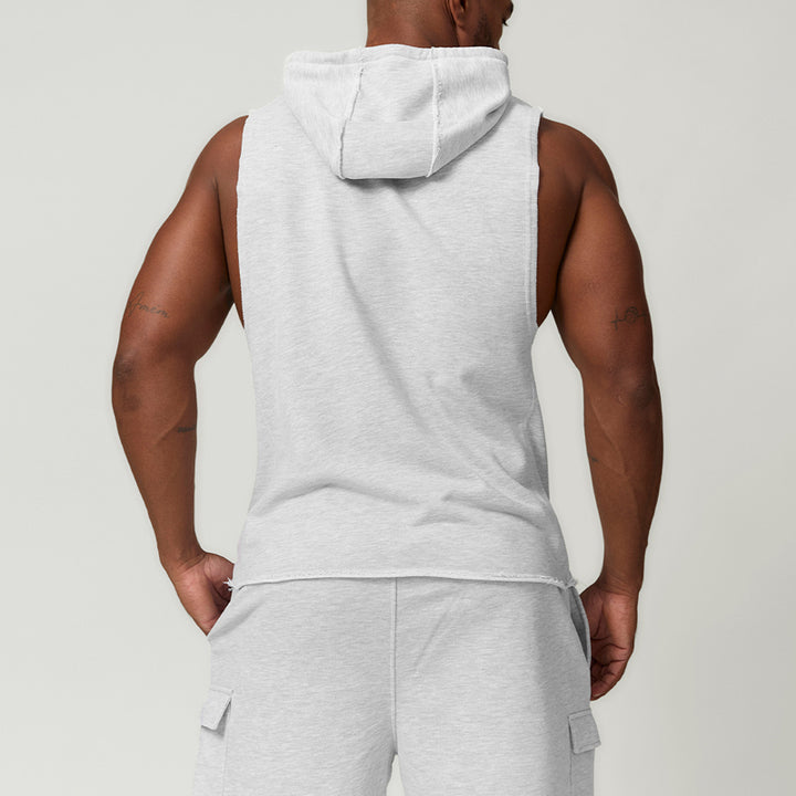 JY 2024 New Casual Hooded Solid Color Washer Sports Leisure Fitness Sleeveless Hoodie for Men