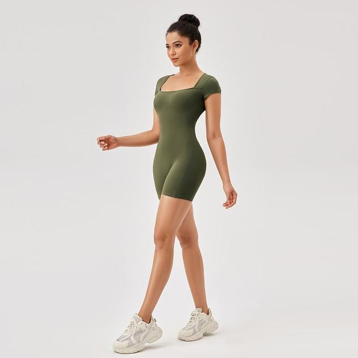 JY 2026 New Yoga Jumpsuit Women's Short Sleeve Sports Jumpsuit Square Neck Training Bodysuit for Running Fitness Tight Fitting