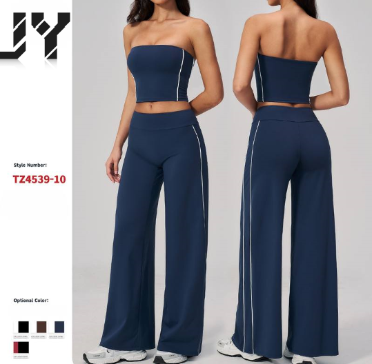 JY Brushed Spandex/Nylon 2-Piece Strapless Yoga Suit Set Chest Pad Quick Dry Breathable Off-the-Shoulder High-Waisted Plus Size