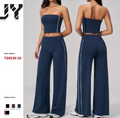 JY Brushed Spandex/Nylon 2-Piece Strapless Yoga Suit Set Chest Pad Quick Dry Breathable Off-the-Shoulder High-Waisted Plus Size