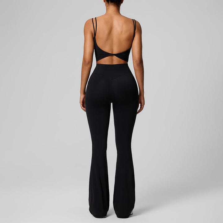 JY New Arrival Women Summer Yoga Set 2 Piece Spaghetti Strap Sports Bra High Waisted Flare Leggings for Gym Workout Activewear