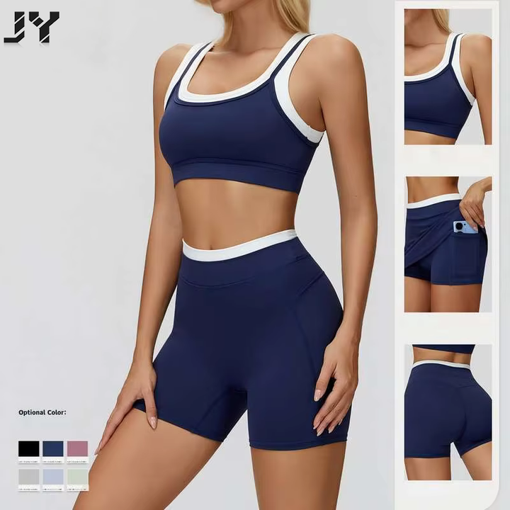 JY Sports Shorts Bra for Women High Support Ribbed Color Block Stylish Dual Layer Workout Yoga Fitness Running Gym Activewear