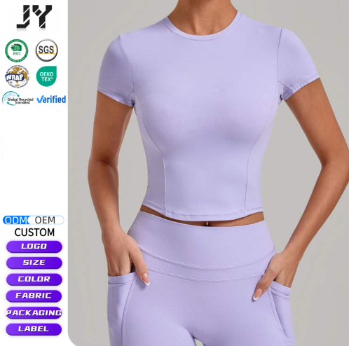 JY Hot Selling Active Sport Wear Women Moisture Wicking Round Neck Fitness T Shirt Quick-Drying Short Sleeve Running Gym T-shirt