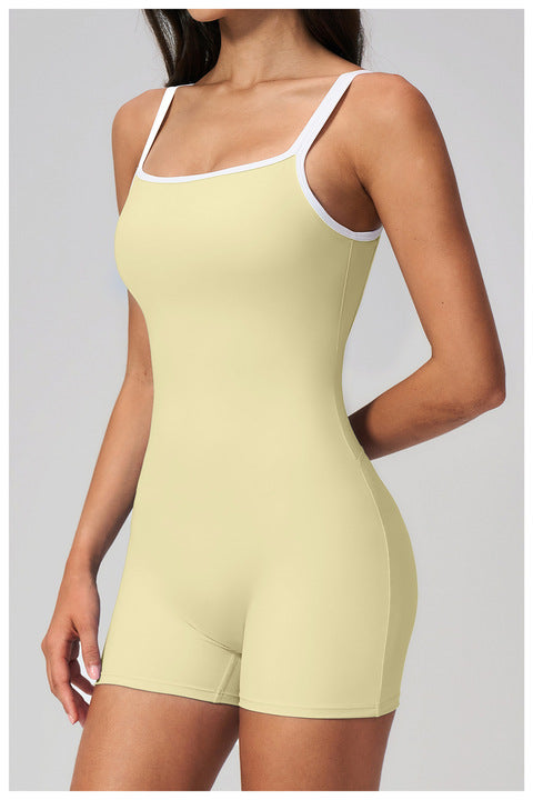 JY 2026 New Yoga Jumpsuit Backless Yoga Romper Women Square Neck Spaghetti Strap One Piece Shorts Jumpsuit With Removable Pads