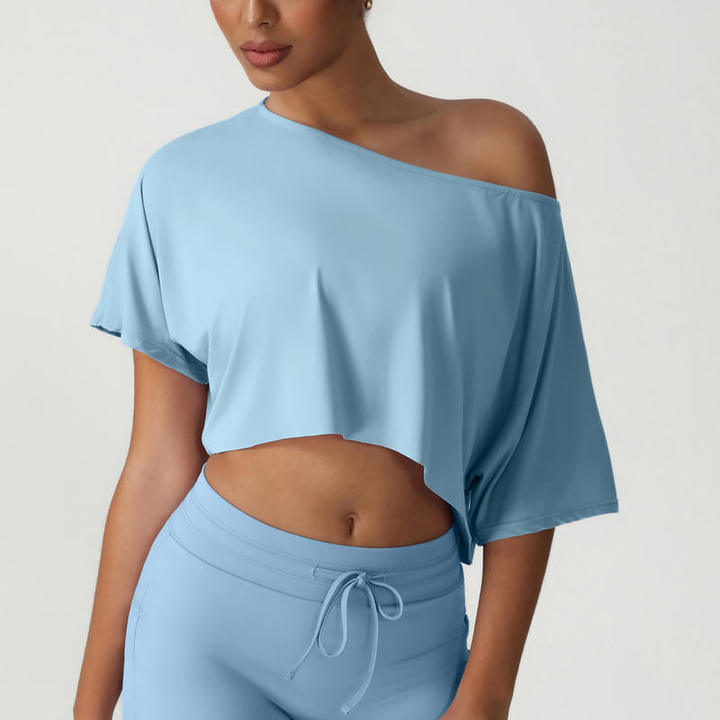 JY Slim Fit Short Sleeve Fitness T-Shirt Tops Women's Solid-Colour One-Shoulder Batwing Sleeve Casual Ruffled Short-Sleeved Top