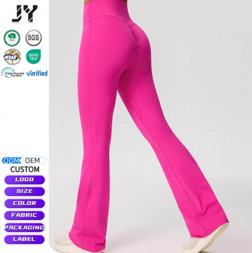 JY 2026 OEM Women Solid High Waist Ruched Butt Lifting Flare Yoga Pants Nylon Spandex Tummy Control Quick Dry 4 Ways Stretch Gym