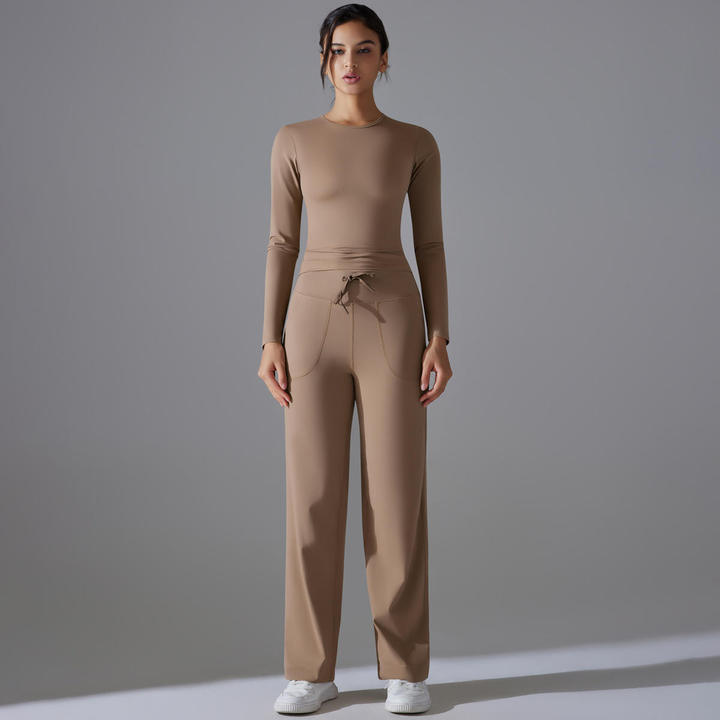 JY New Women's 2-Piece Active Set: Cloud-Fleece Sling Sports Top Long Sleeve Butt-Lifting Pants for Yoga, Gym for Daily Lounge