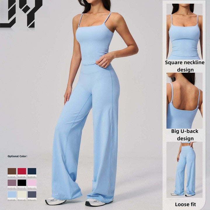 Joyyoung 2026 New Arrive Women's 2-Piece Yoga Outfit Square Neck Tank Top & High Waist Wide Leg Pants Set Roupa De Academia