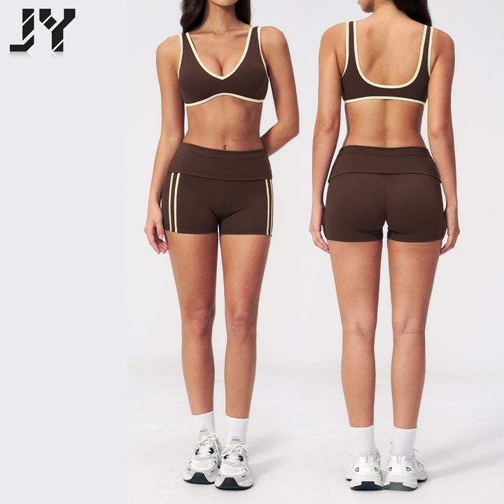 Joyyoung Custom New Spandex Plunge Neckline Removable Padding Contrasting Stripes U Back Backless Yoga Gym Sports Bra Yoga Set