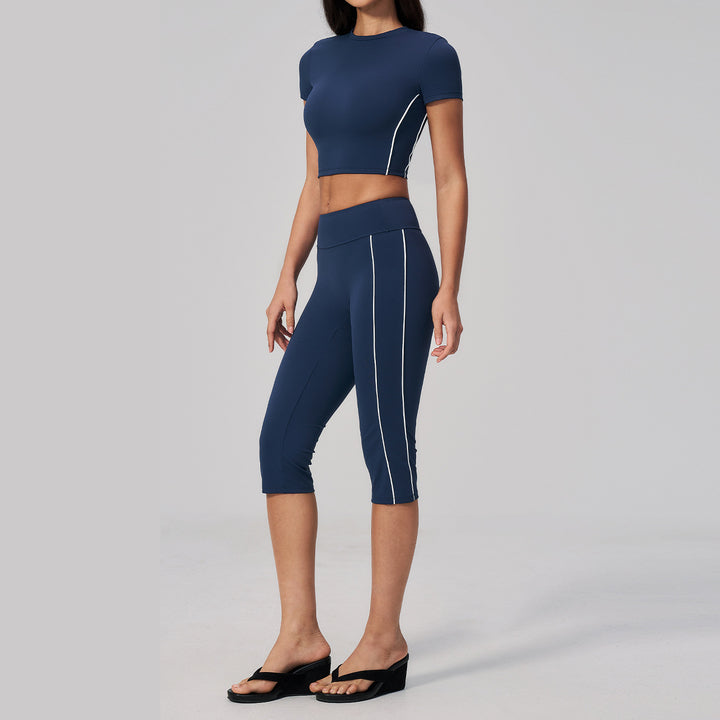 Joyyoung High Quality 2 Piece Yoga Set Short Sleeve Crop Top & High Waist Capri Leggings with Contrast Stripes for Gym Workout