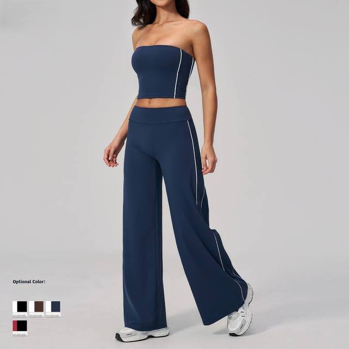 JY Brushed Spandex/Nylon 2-Piece Strapless Yoga Suit Set Chest Pad Quick Dry Breathable Off-the-Shoulder High-Waisted Plus Size