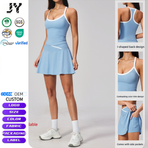 JY Custom Logo Comfortable Solid 2-Piece New Dress Naked Sports Outdoor Short Skirt Anti Glare A-line Yoga Dress Set for Women