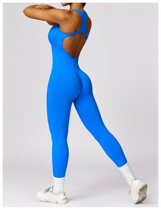 Women's Solid Color Four-Way Stretch Breathable Quick Dry Spandex/Polyester Racerback Crew Neck Yoga Fitness Jumpsuit Bodysuit